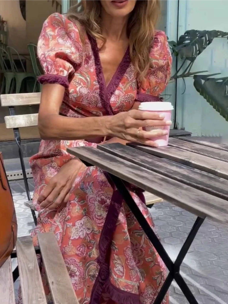 Spring Summer New Bohemian Pattern Print Long Dress Casual V Neck Irregular Fit Dress Elegant Puff Sleeve Vacation Dress