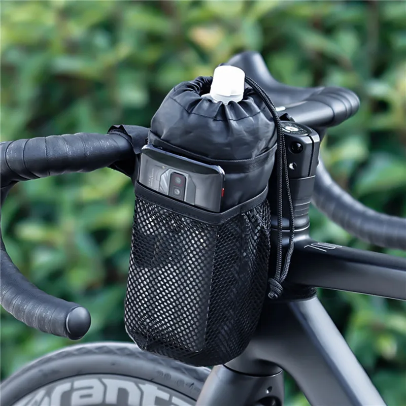 Bicycle Bag Bike Bottle Holder Handlebar Stem Thermal Bag With Mesh Pocket Coffee Cup Holders Cycling Water Bottle Carrier Bag