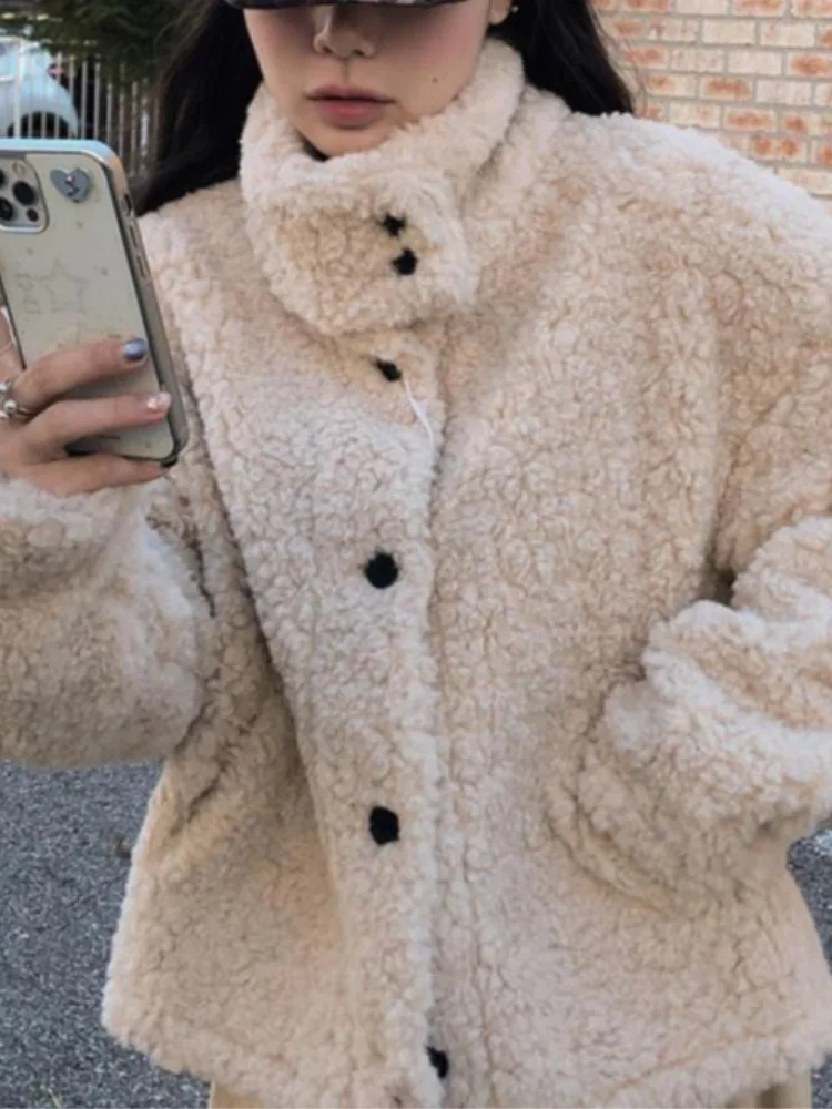 Jaet elegante de invierno con cuello alto y un solo botón de piel de cordero para mujer, abrigo largo informal holgado a la moda, cálido