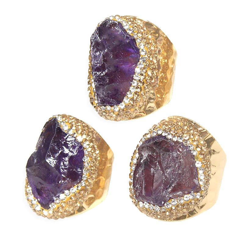 Raw Amethyst Open Ring for Women Handmade Irregular Micro Inlay Adjustable Reiki Natural Stone Finger Jewelry with Rhinestone