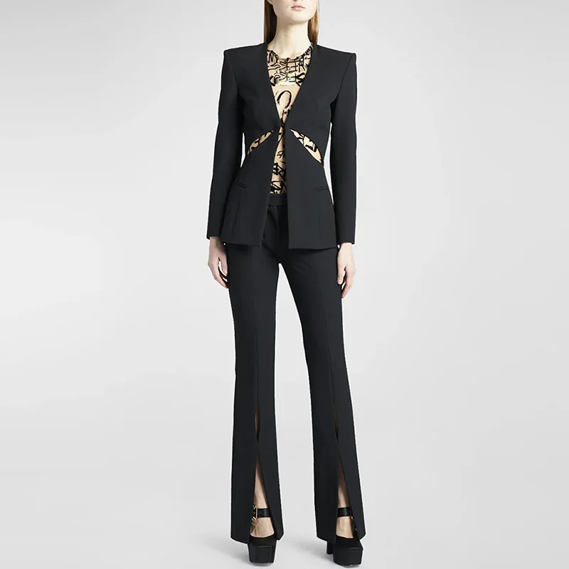 HKSH 2026 Spring Autumn New Women Two-piece Suit Set Elegant V-neck Hollow Out Slim Fit Blazer Split Hem Pants Ins Shirt HK18850