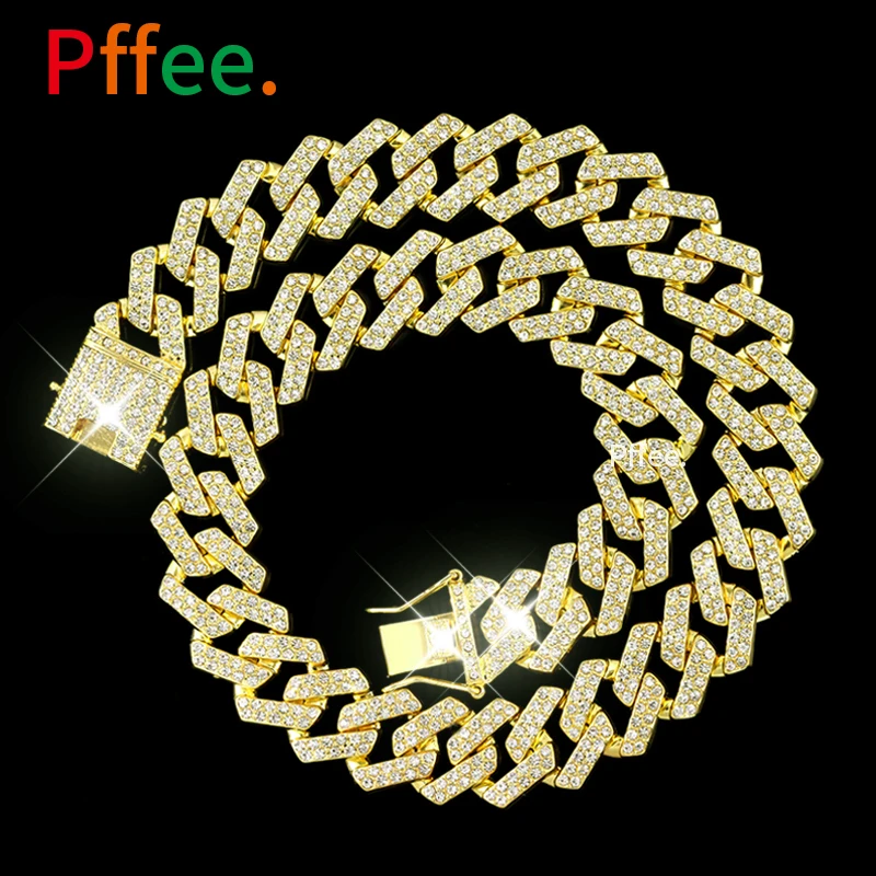 

Pffee 14mm 50 60cm Cuban Chain Men Hip Hop Necklace Y2K Women Iced Out Rapper Jewelry Luxury Rhinestone Paved Miami Rhombus