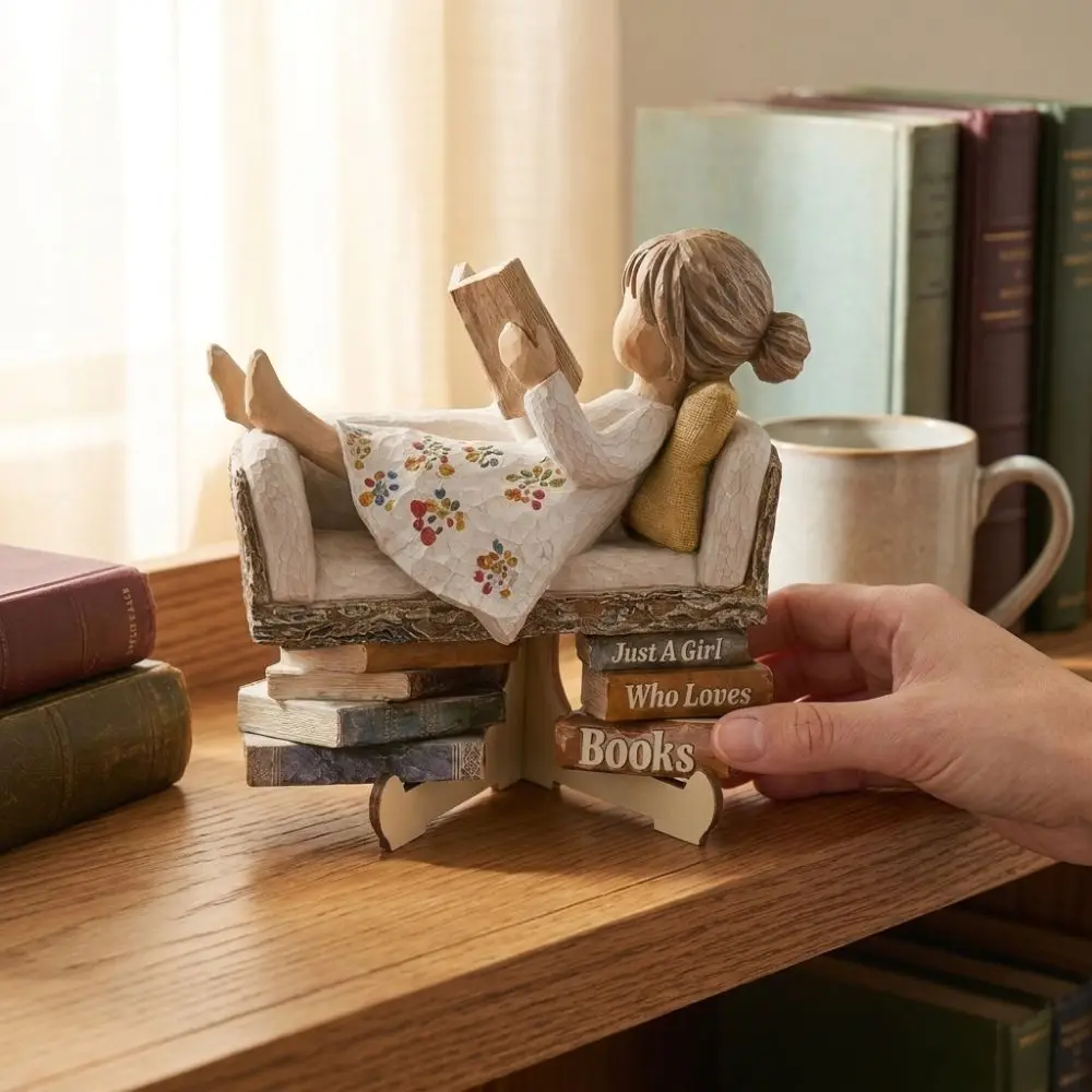2D Flat Printed Wooden Reading Girl Figurine Just a Girl Who Loves Books with Stand Love Reading Girl Ornament Vintage