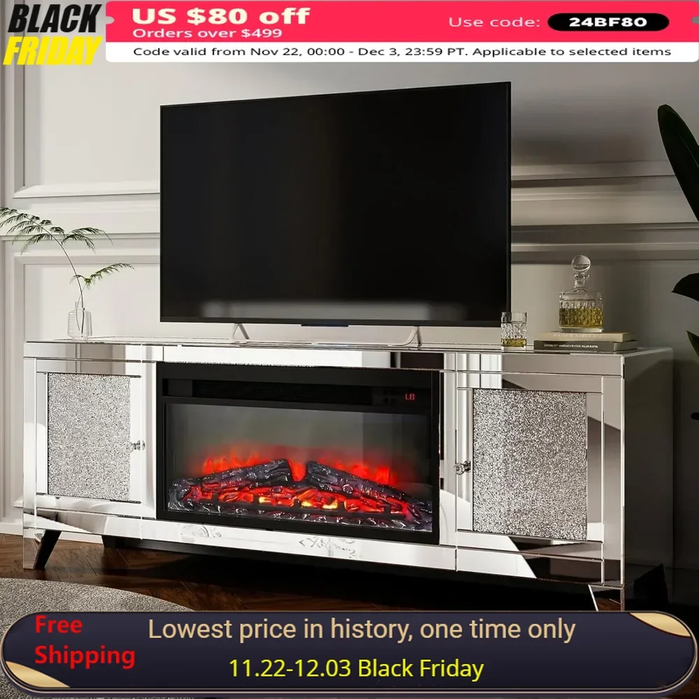 

Fireplace TV Stand 59" with Storage Mirrored Silver TV Stand for 65 Inch TVs for Living Room Tall Entertainment Center TV Stands