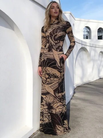 Nibber See Through t-Shirt Women Turtleneck Long Sleeve Skinny Side High Slit Artistic Printing Spring New Trend Sexy Streetwear