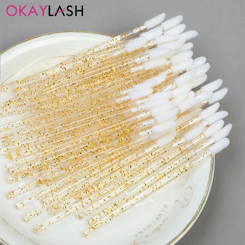 Okaylash Disposable Glitter Lip Gloss Brush Eyelash Extension Cleaning Brushes Crystal Lipstick Applicators Cleaner Makeup Tools