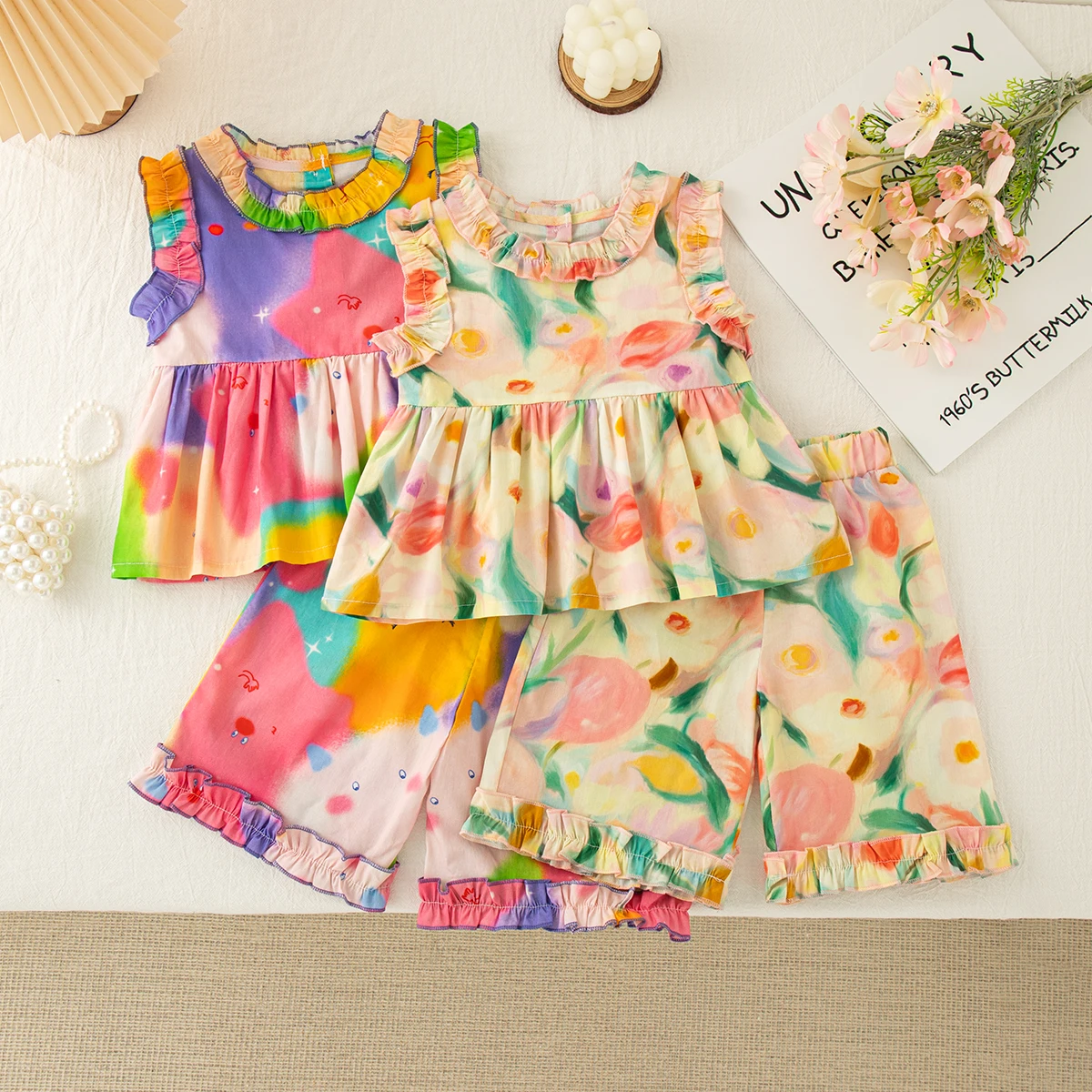

2pc/Set Children Clothes Summer Irregular Pattern Tie-Dye Style Girl Outfit Cute Casual Vacation Children's Costume