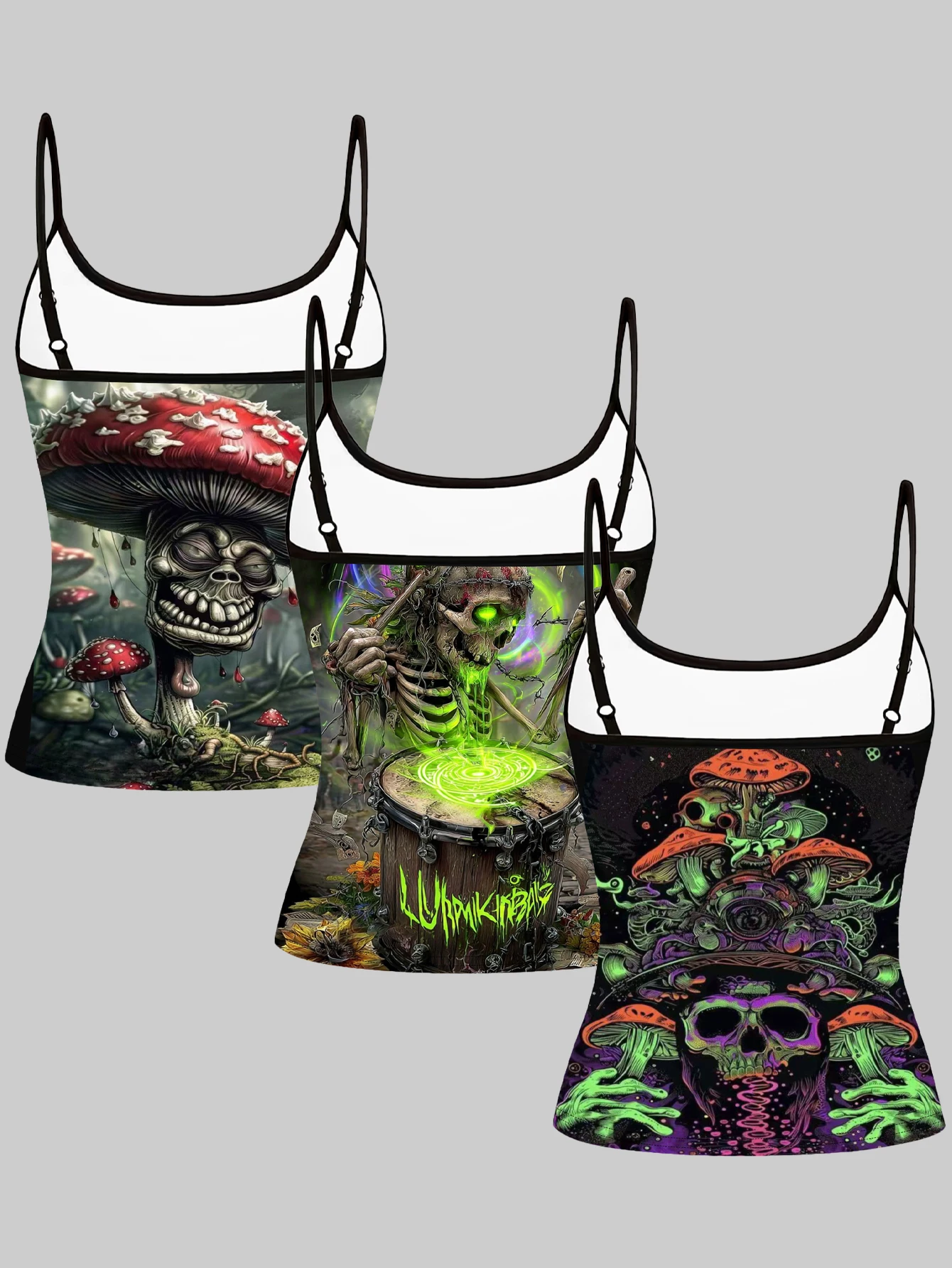 3-Pack of Psychedelic Mushroom Skull Print Camisoles for Women, Dark Fantasy Subculture Slim-Fit Sleeveless Inner Tops