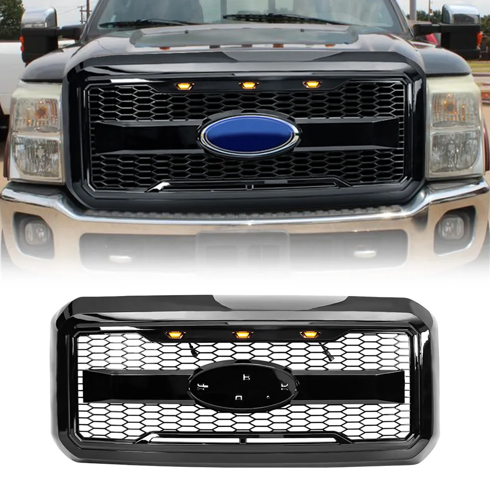 

Car Grills Glossy Black Front Raptor Style Grille Bumper Grill With Emblem Hole & Lights For 2011-2016 Ford F250 F350 Super Duty