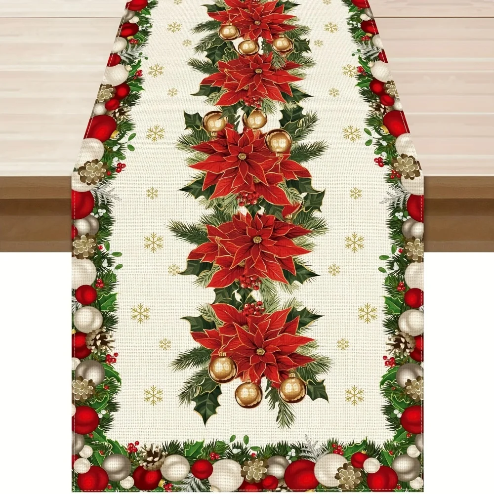 1 Stück festlicher Weihnachts-Tischläufer mit Weihnachtsstern und Ornamenten-Design – maschinenwaschbares Polyester, Weihnachts-Tischdekorationen