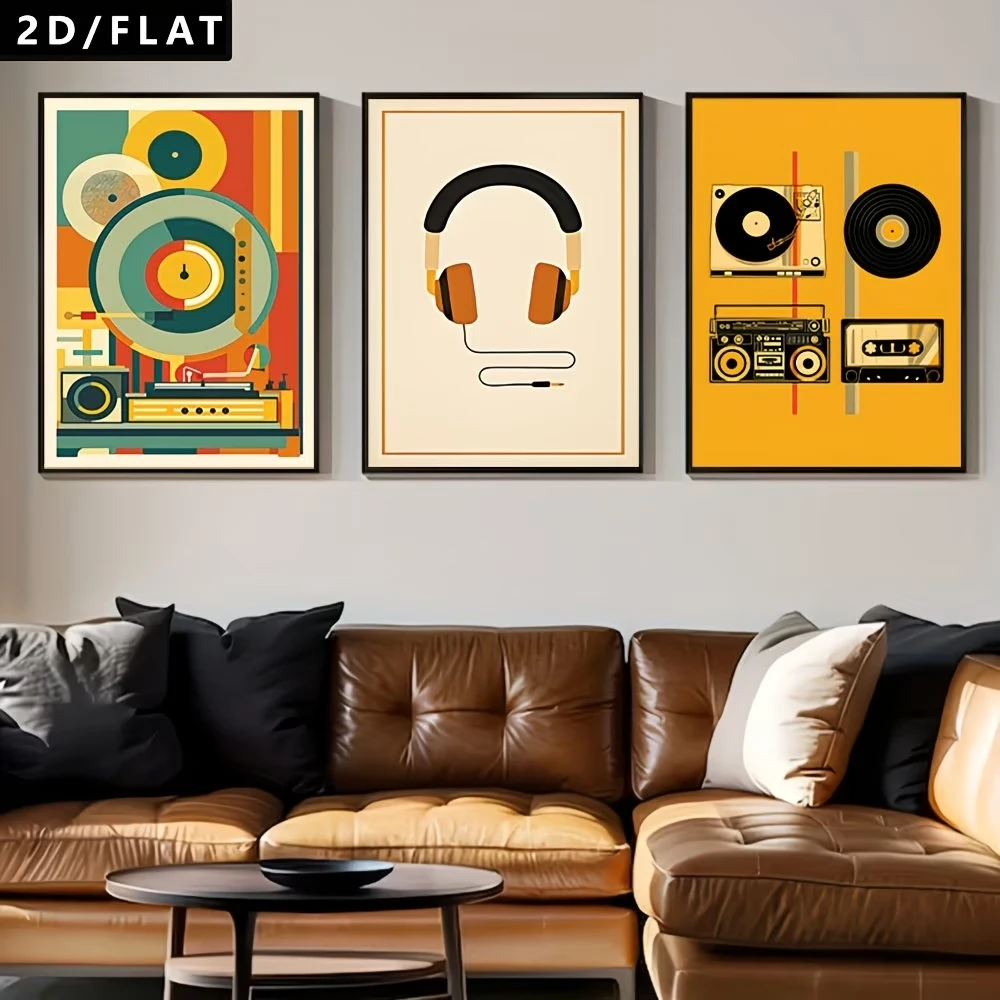 3pcs Retro Vinyl Records, Cassette Tapes Elements Wall Art Print Canvas Painting Poster Picture For Living Room Home Decor