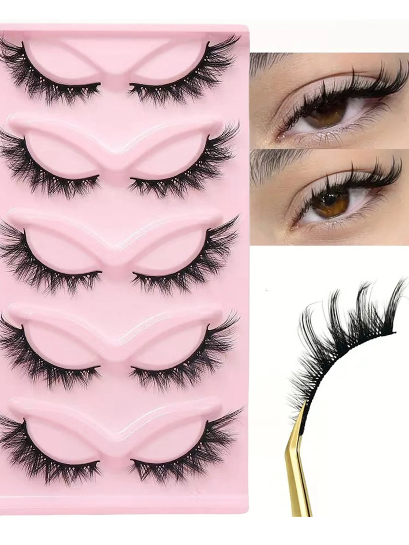 5 pares de cílios postiços hipoalergênicos de olho de gato, aparência natural, fofos e macios, leves, com forro cruzado e tira completa