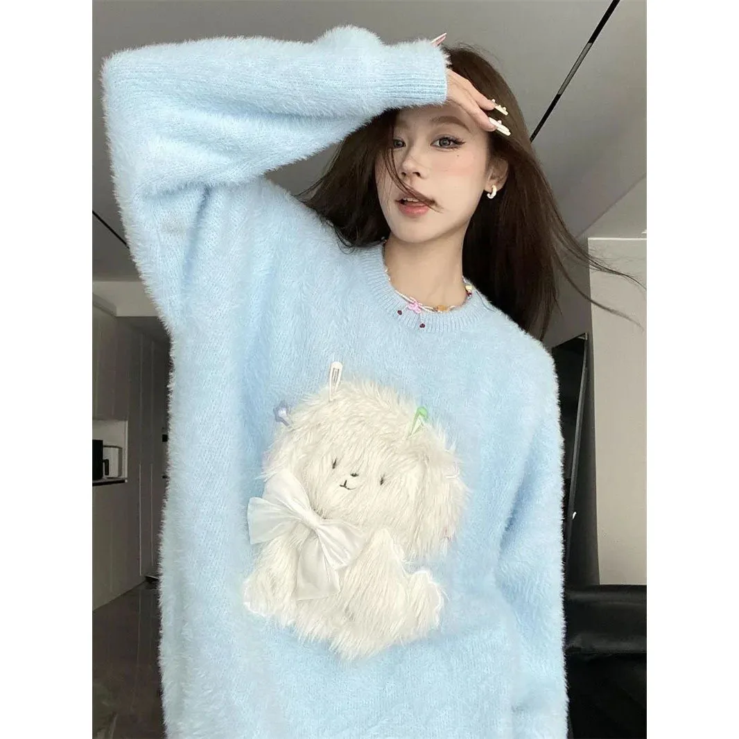 

Новинка 2025 года, свитер с круглым вырезом и милым щенком с 3D бантом, милый пушистый вязаный свитер