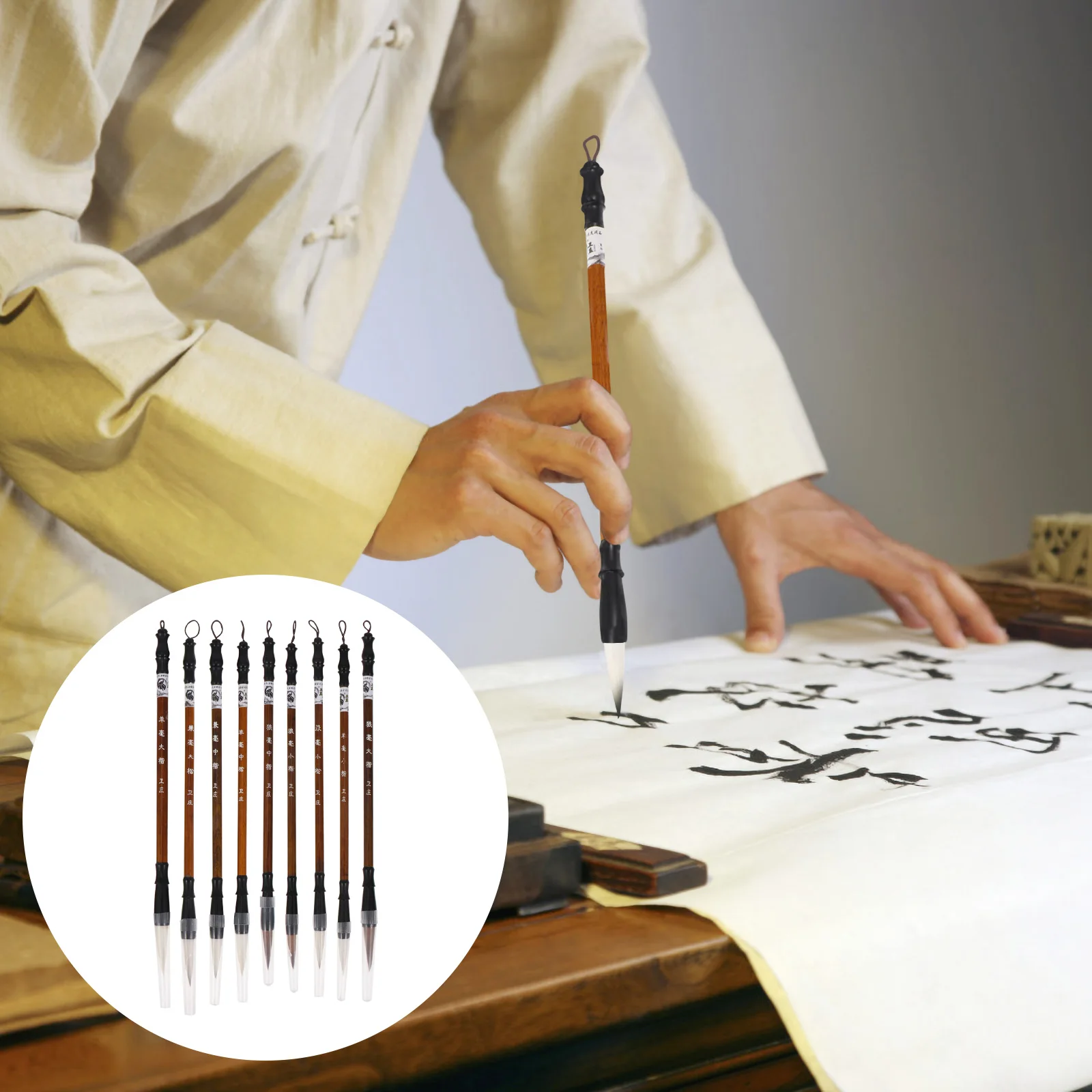 

9 Pcs Brush Pen Set for Chinese Calligraphy Professional Brushes Wolf Mixed Hair Sheep Hair Wood Handle Ideal Writing Painting