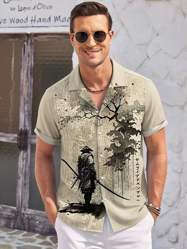 

Fashion Summer Shirts Men's Japan Samurai Landscape Ink Painting Casual Shirt Oversized 2026 Holiday Short Sleeve Cuban Collar T
