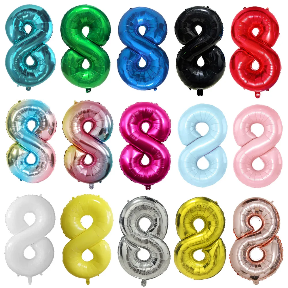 1-20 Peças Balão de Número 8 Colorido Prata Dourado Preto Vermelho Azul Verde de 32 Polegadas para Decoração de Aniversário de 8 Anos e Casamento