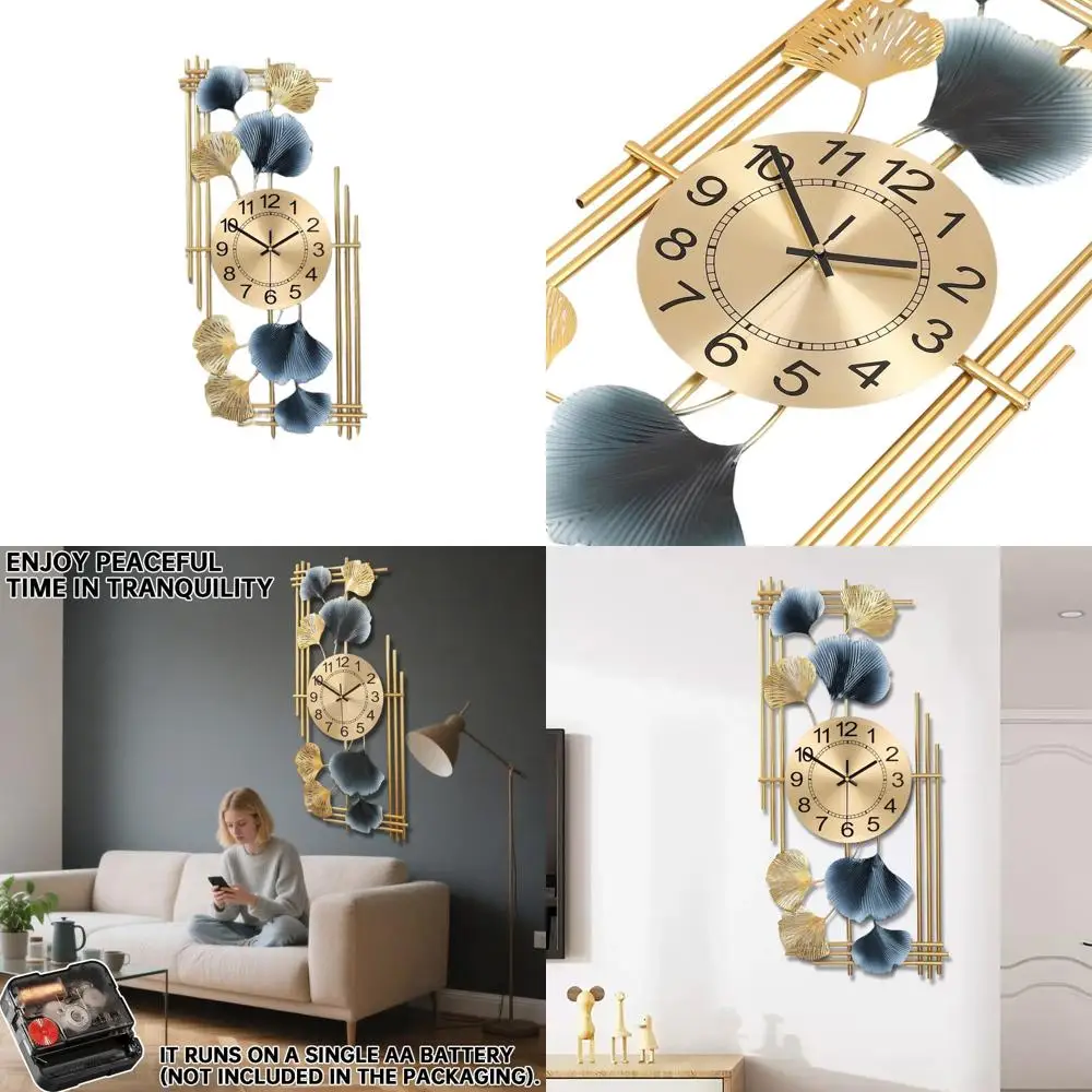 

Silent, Battery-Powered Oversized Square Wall Clock, Modern Ginkgo Leaf Design, 12.3x28.4 for Home Decor