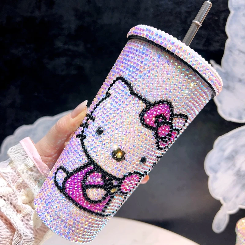 Sanrio Hello Kitty Thermos Cup Shiny Rhinestones Cup 304 Stainless Steel Cartoon Flash Cup Drill Girl Valentine's Day Gift