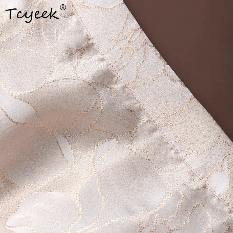 تنورة Tcyeek صيفية 100% من حرير التوت، تنورة نسائية من قماش الجاكار المغزول بخصر مطاطي وفتحة مستقيمة الساق، تنورة صيفية جديدة لعام 2025 D55623JF