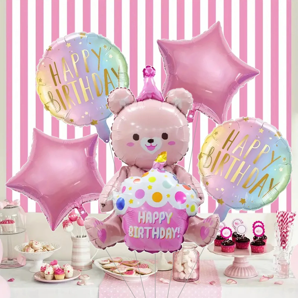 5 PCS Happy Birthday Balloon Set With Stars, Cake Bears Party Decoration And Gender Display