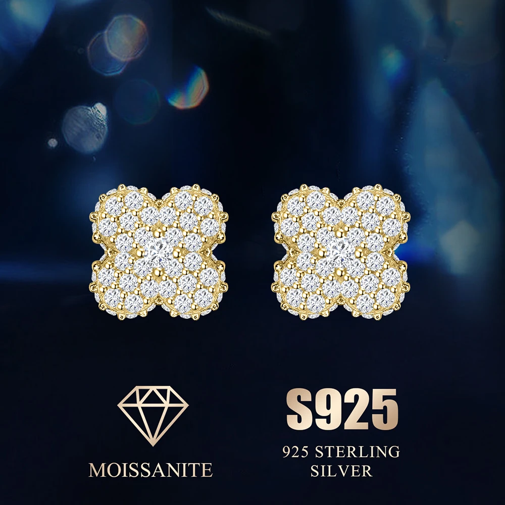 

Flower Stud Earring Four Clover Lucky Earrings for Women 14k Gold Plated 925 Sterling Silver Moissanite with Gra Certificate
