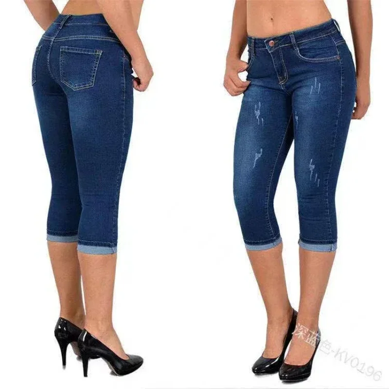 Summer Women Jeans Knee Length Pencil Pants Sheath High Waist Denim Slim Pockets Slight Strech Casual Spring 2026 Solid Color - Image 5