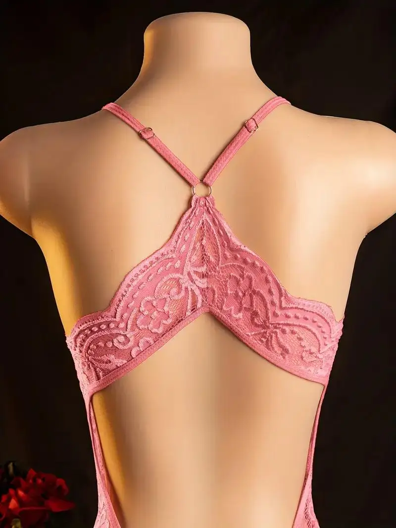 Crotchless Pink Sexy Lingerie Women Hollow Bodysuits Erotic Costumes Teddy Babydoll Dress Deep V Open Bra Female Porn Underwear image 5