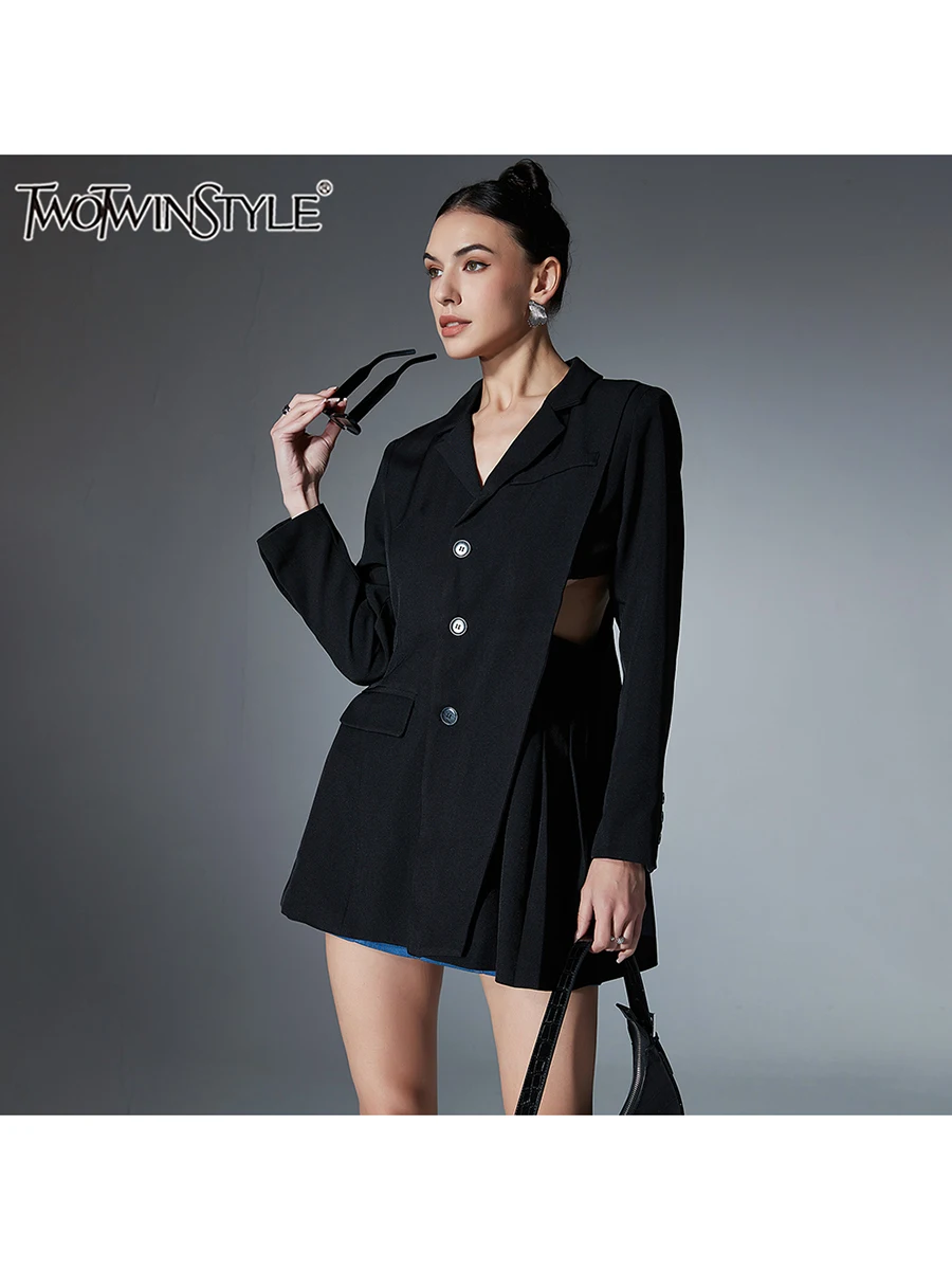 TWOTWINSTYLE Solid Designer Spliced Folds Dress For Women Notched Collar Long Sleeve High Waist Spliced Pockets Dresses Female