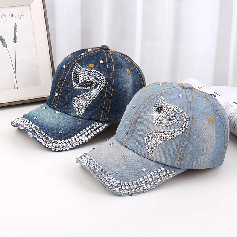 Womens Mens Bling Rhinestone Decor Washed Denim Baseball Cap Adjustable Distressed Sun Hat For Party Daily Outdoor Casual Wear