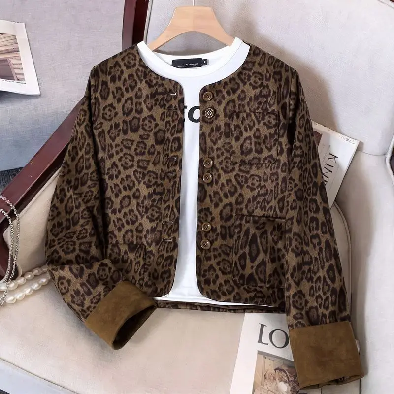 

Leopard Print Splicing Contrasting Color Short Jacket For Women'S 2025 Autumn And Winter New Fashion High-End Top Jacket