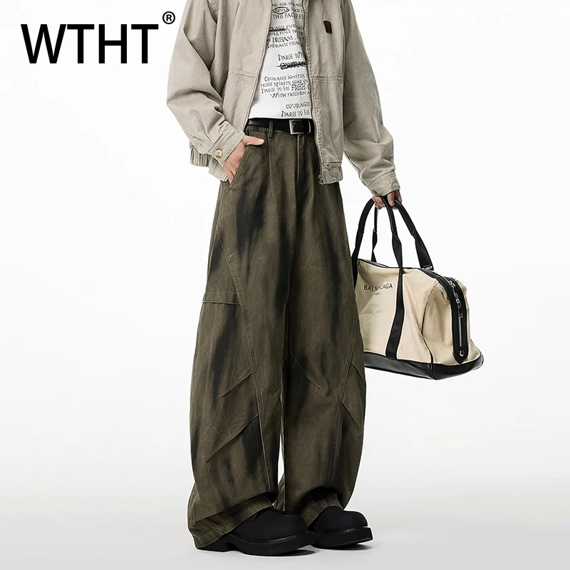 

WTHT Vintage Men's Irregular Patchwork Tie Dye Do Old Design Denim Pants Fashion High-waisted Straight Jeans Male Summer 2A0113