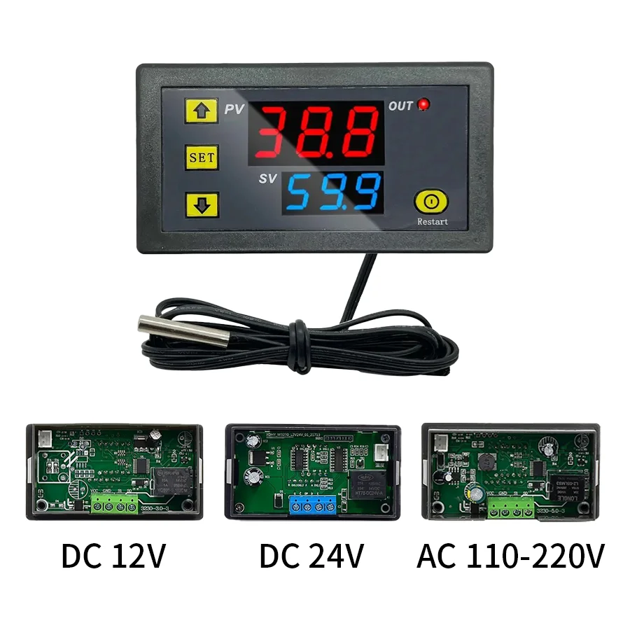 W3230 High-Precision Digital LED Temperature Controller DC 12V 24V AC 110-220V Thermostat with Probe, Heating/Cooling Control