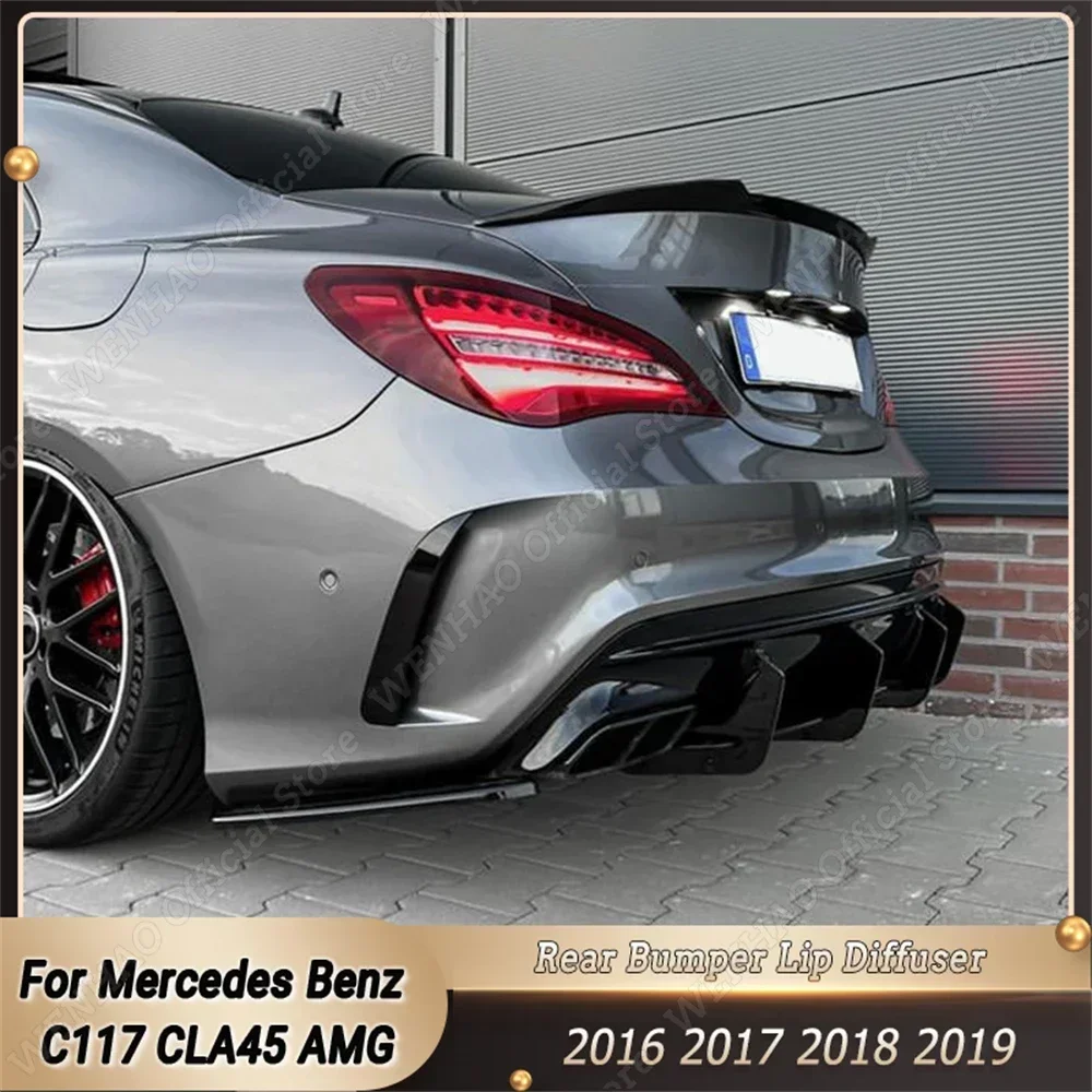 4 Fins Glossy Black Car Rear Bumper Diffuser Rear Side Splitters Spoiler Lip For Mercedes Benz C117 CLA45 AMG Line 2016-2019