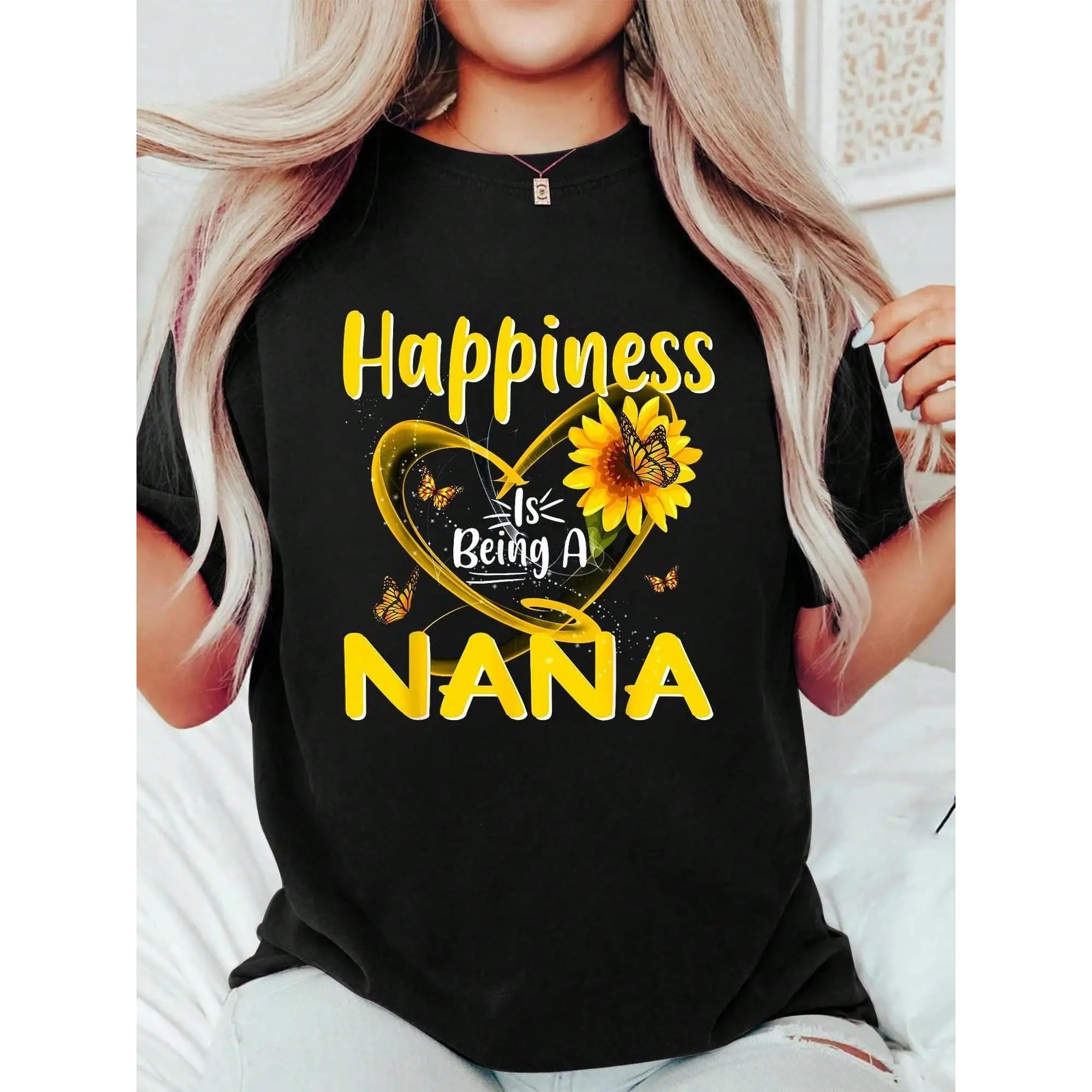 

Women's "Happiness Is Being A Nana" Mother's Day T-Shirt - 100% Cotton Breathable Comfort Fit Short Sleeve Crew Neck Top