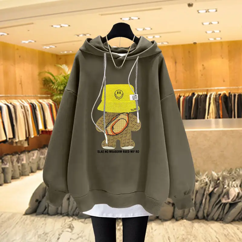 

Hooded Sweater Tops For Women Autumn And Winter Large Versatile Plush Thick Loose Fitting Slimming Shirt Teens Couples Matching