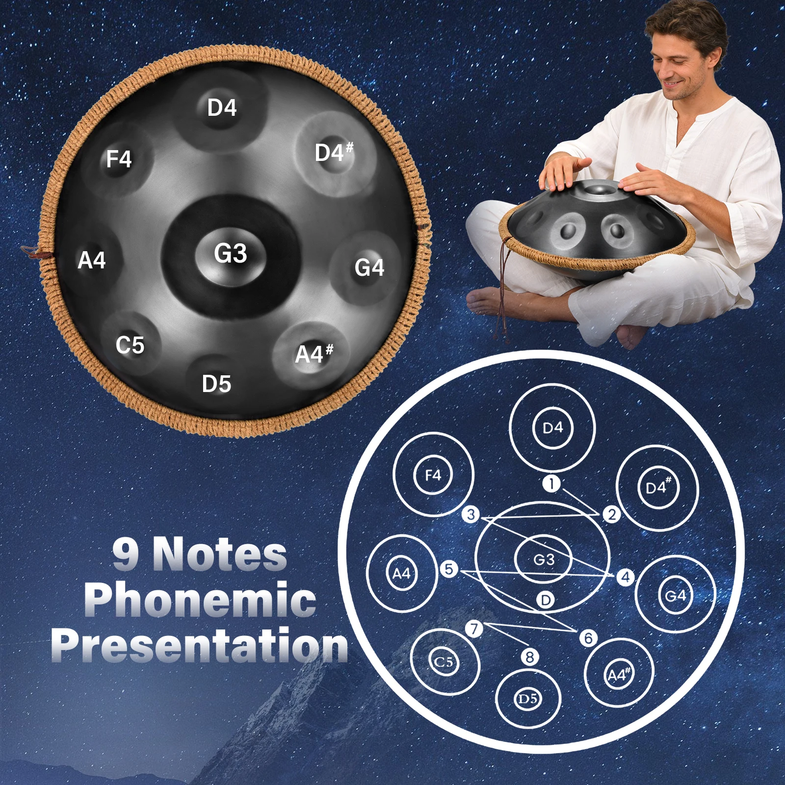 Handpan Drum, 18 in & 9 Notes, D Minor Hand Drum, Hand Pan Drum Instrument with Mallets, Handpan Stand & Carry Bag, Steel Healing Sound Drum, Percussion Instruments for Adults Beginners