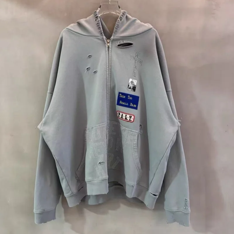 

Серый мужской и женский модный винтажный кардиган с принтом, украшенный стразами, потертая толстовка с капюшоном на молнии