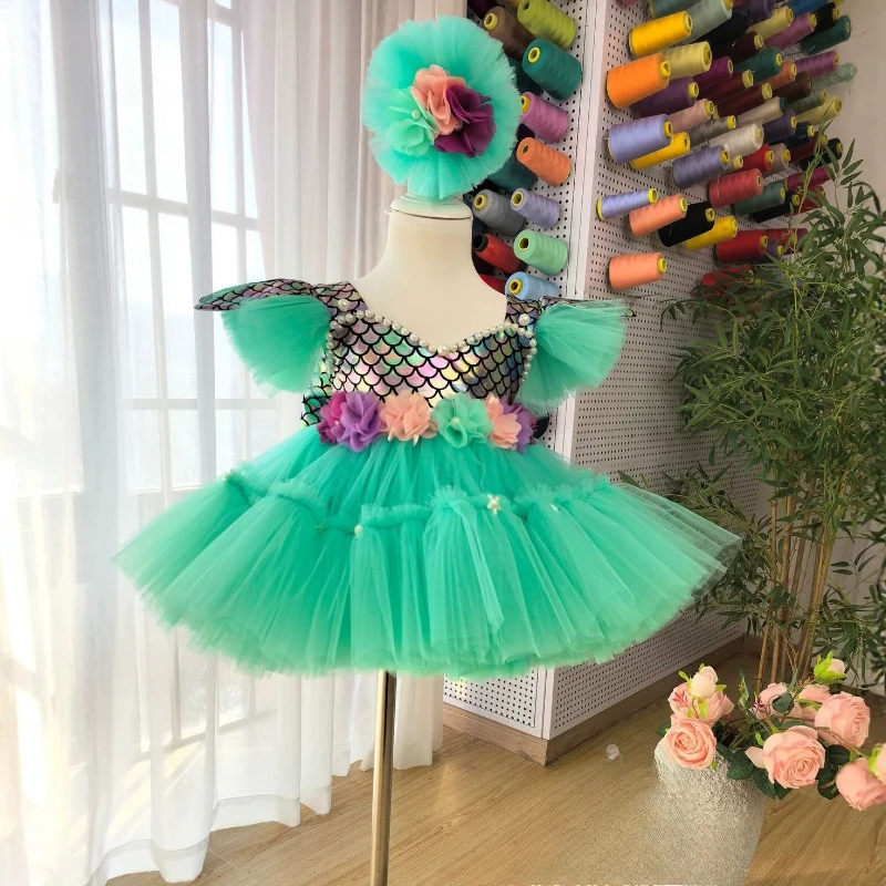 Mermaid Girls Princess Dress Children Sequin Scale Tulle Tutu Kids Birthday Party Banquet Fashion Cute Flower Girl Gown Costume