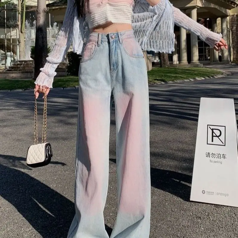 

Пудровые румяна, постепенная стирка, широкие мягкие джинсы, женские тонкие свободные брюки с высокой талией, большие прямые брюки в пол