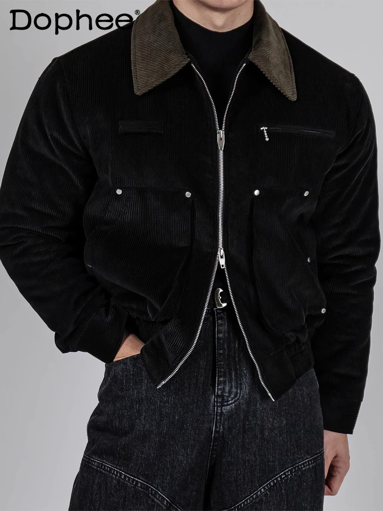 

Men's Double Zipper Parkas Men's 2025 Autumn Winter New Contrast Color Splicing Lapel Fashion Long Sleeve Flight Jackets Parkas