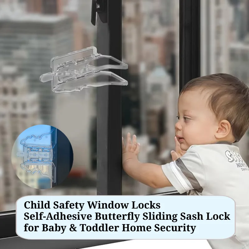 Child Safety Window Locks – Self-Adhesive Butterfly Sliding Sash Lock for Baby & Toddler Home Security, Prevent Window Opening