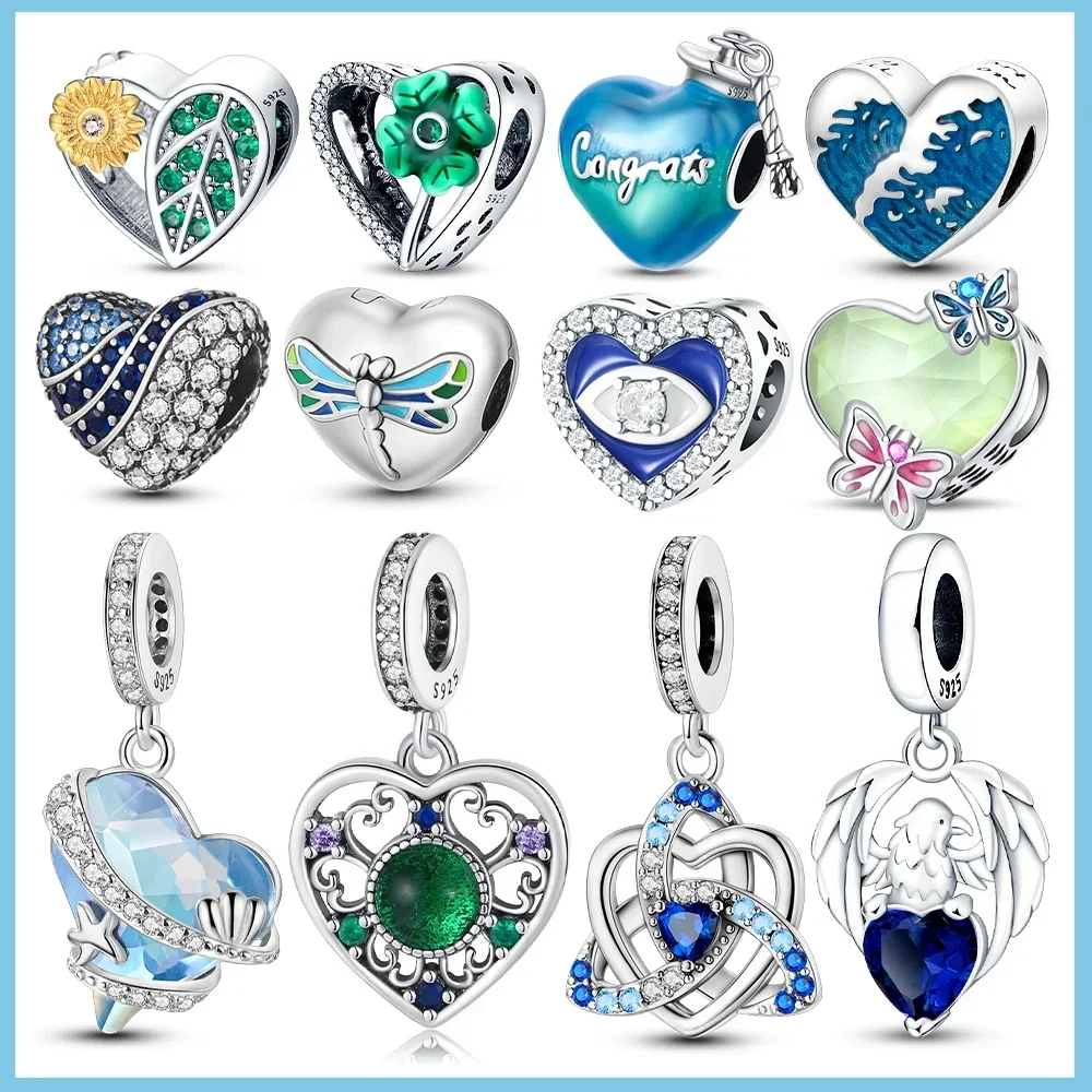 925 Sterling Silver Beads Blue Green Illusion Heart Series Charm Fit Women's Bracelet Necklace Earrings Diy Jewelry Gift