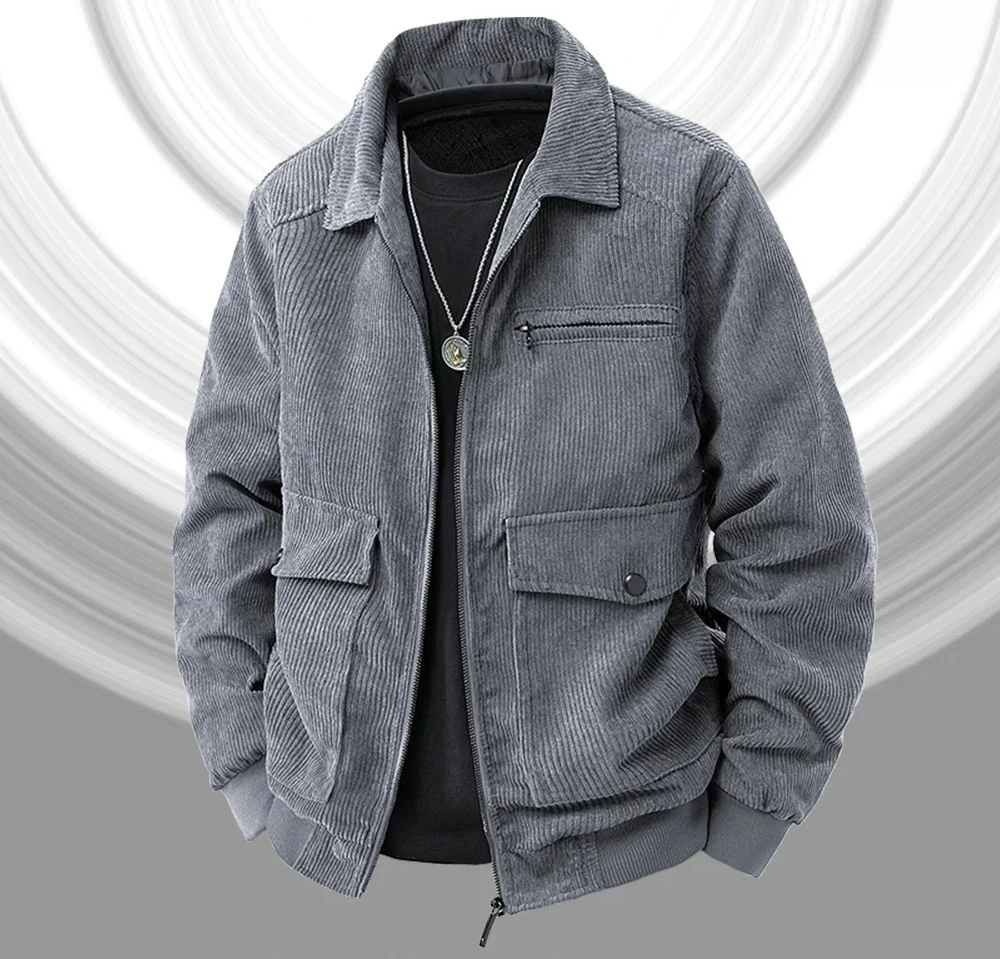 เสื้อแจ็คเก็ตคอปกผ้าลูกฟูกสไตล์วินเทจอเมริกันสำหรับผู้ชาย ฤดูใบไม้ผลิ ฤดูใบไม้ร่วง เรียบง่าย อเนกประสงค์ เหมาะสำหรับใส่ทำงาน เสื้อโค้ทมีปก เสื้อทำงาน