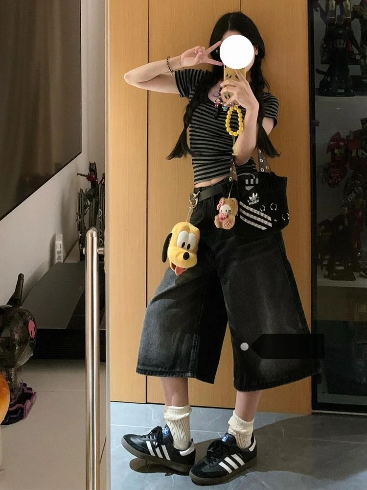 

High Waist Vintage Washed Black High Waist Seven-Foot Denim Shorts Women Summer New Style Commuting Slim Wide Leg Pants Trendy