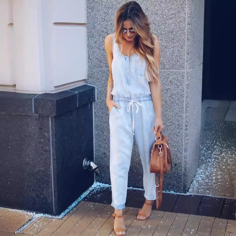 Sleeveless Denim Rompers Women\'s Jumpsuit  Autumn Spring Casual One Piece Overalls Streetwear Jeans