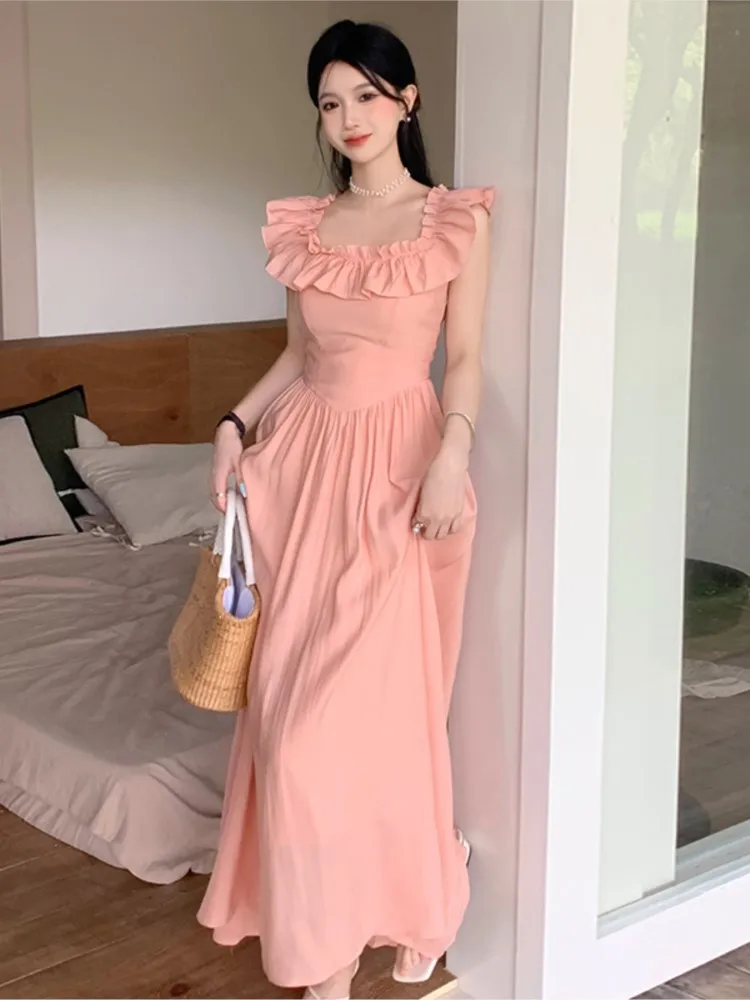 

2025 Summer Women's French Ruffles Dress Square Neck Sleeveless Off-shouldre A-line Slim Dresses Holiday Casual Female Robe New