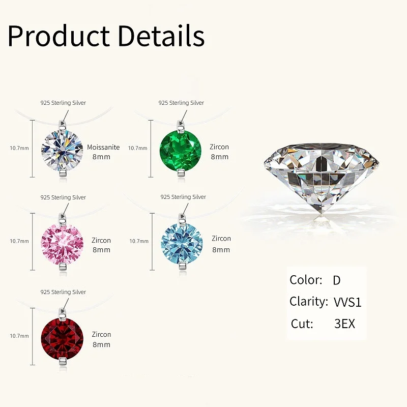Anziw 925 Sterling Silver Mermaid Tears Pendant 2CT 8mm Moissanite&Cubic Zirconia Sparkling Solitaire Stone Minimalist Jewelry 5