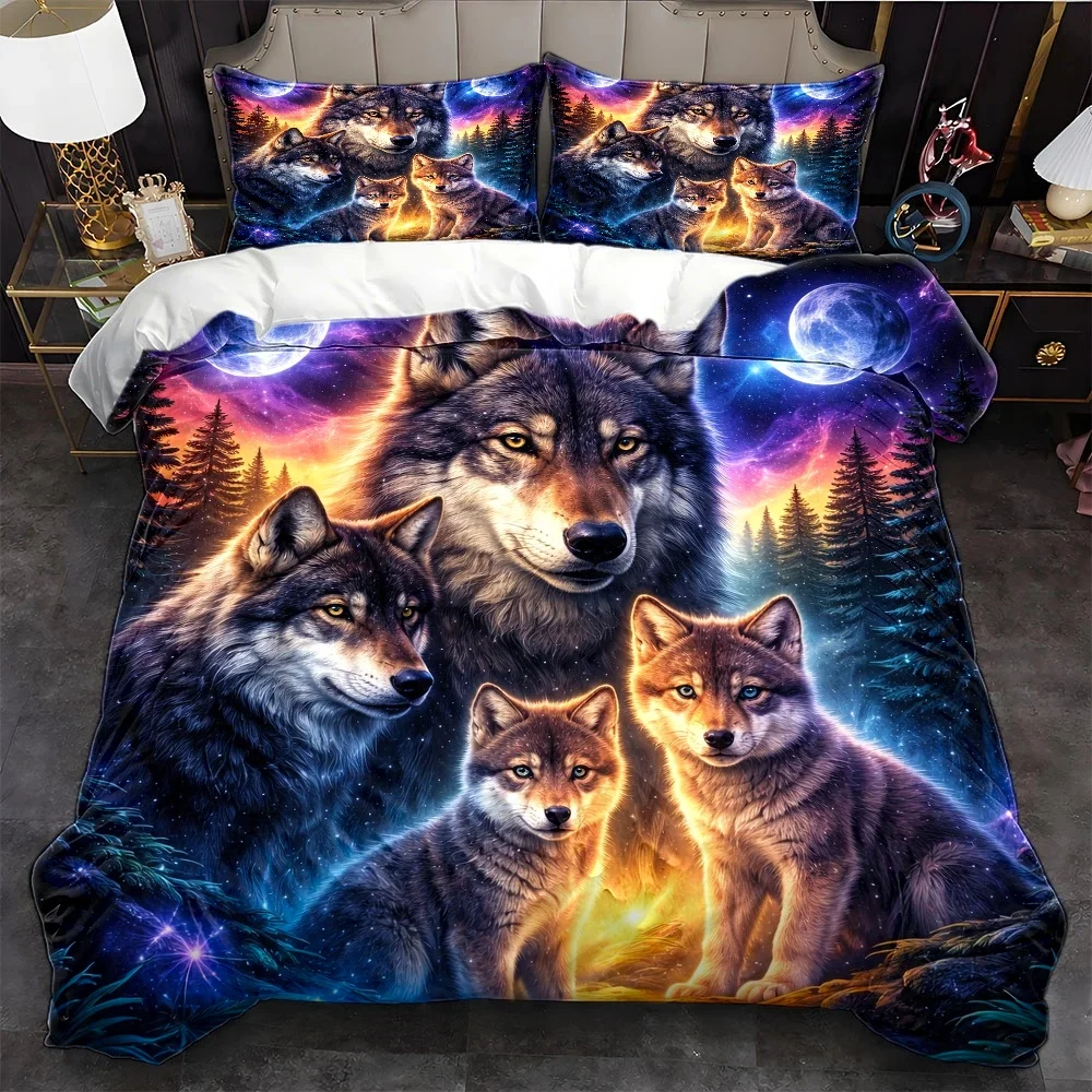 3Pc Starry Wolf Tribe Themed Duvet Cover Set, Three-Piece Bedding Set (1*Duvet Cover + 2*Pillowcases), Suitable for All Seasons, Machine Washable, Invisible Zipper Double Bed Cover, Suitable for Home, Dormitory, Master Bedroom, Guest Room, Dreamy Forest Double Moon Wolf Pack Print Bedding Set 2D Flat Print
