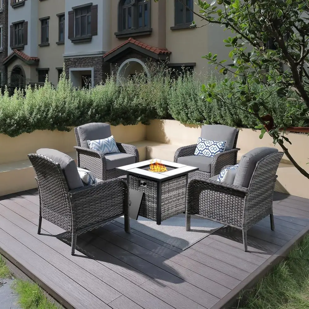 

4-Piece Outdoor Wicker Furniture Set with 30 Fire Pit Table and Cushioned High Back Chairs in Grey