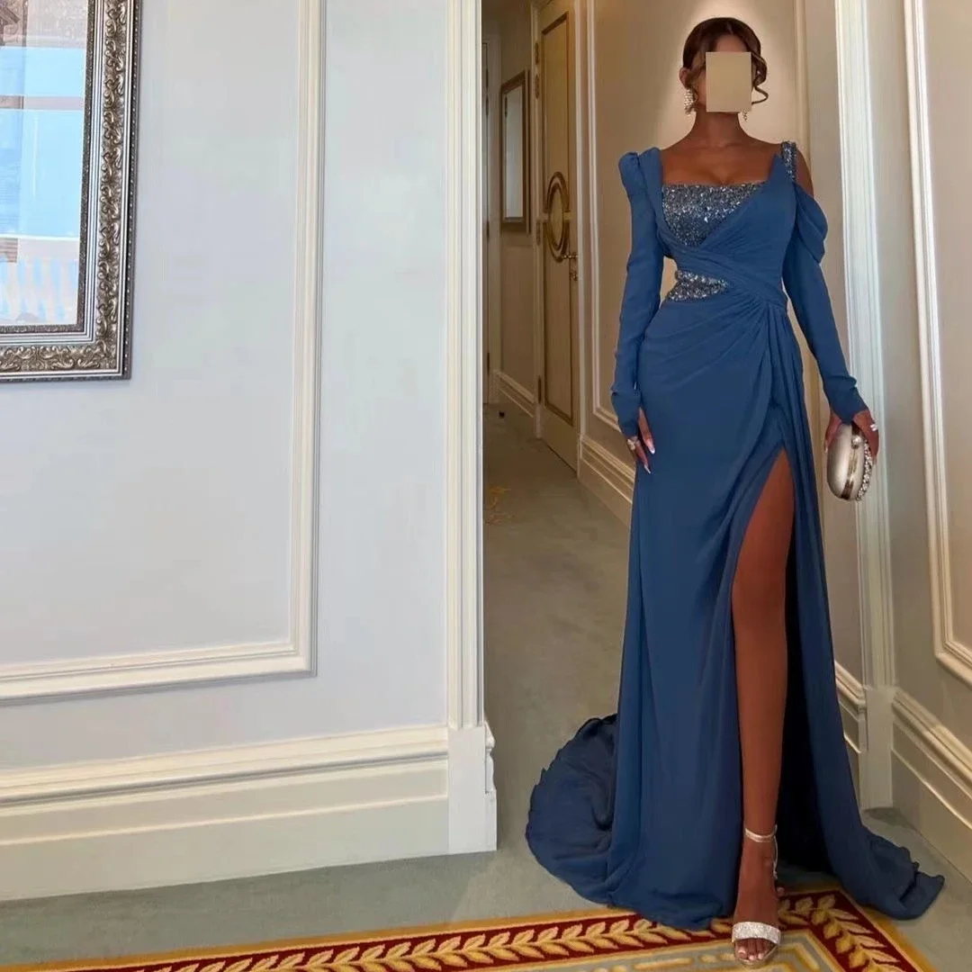 

Side Slit Sweep Train Vestidos Prom Dress Long Sleeves Formal Occasion Gowns 2024 New Style Neckline Evening Dresses